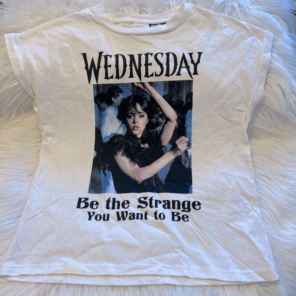 White Graphic Tee with Wednesday Print